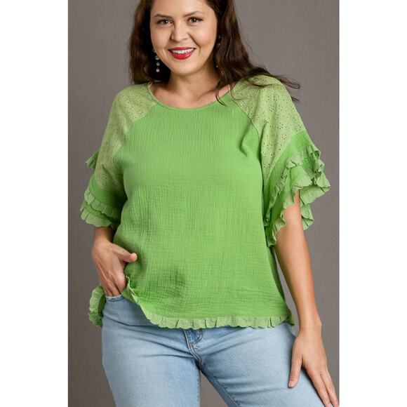 Umgee Cotton Gauze Round Neck Ruffle Eyelet Layered Sleeves Flowy Blouse | Lime - Picture 5 of 6